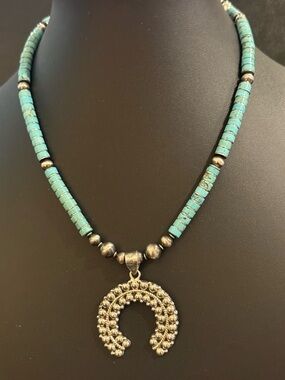 Vintage Sterling Silver Navajo Pearls Turquoise Squash Blossom Pendant Necklace